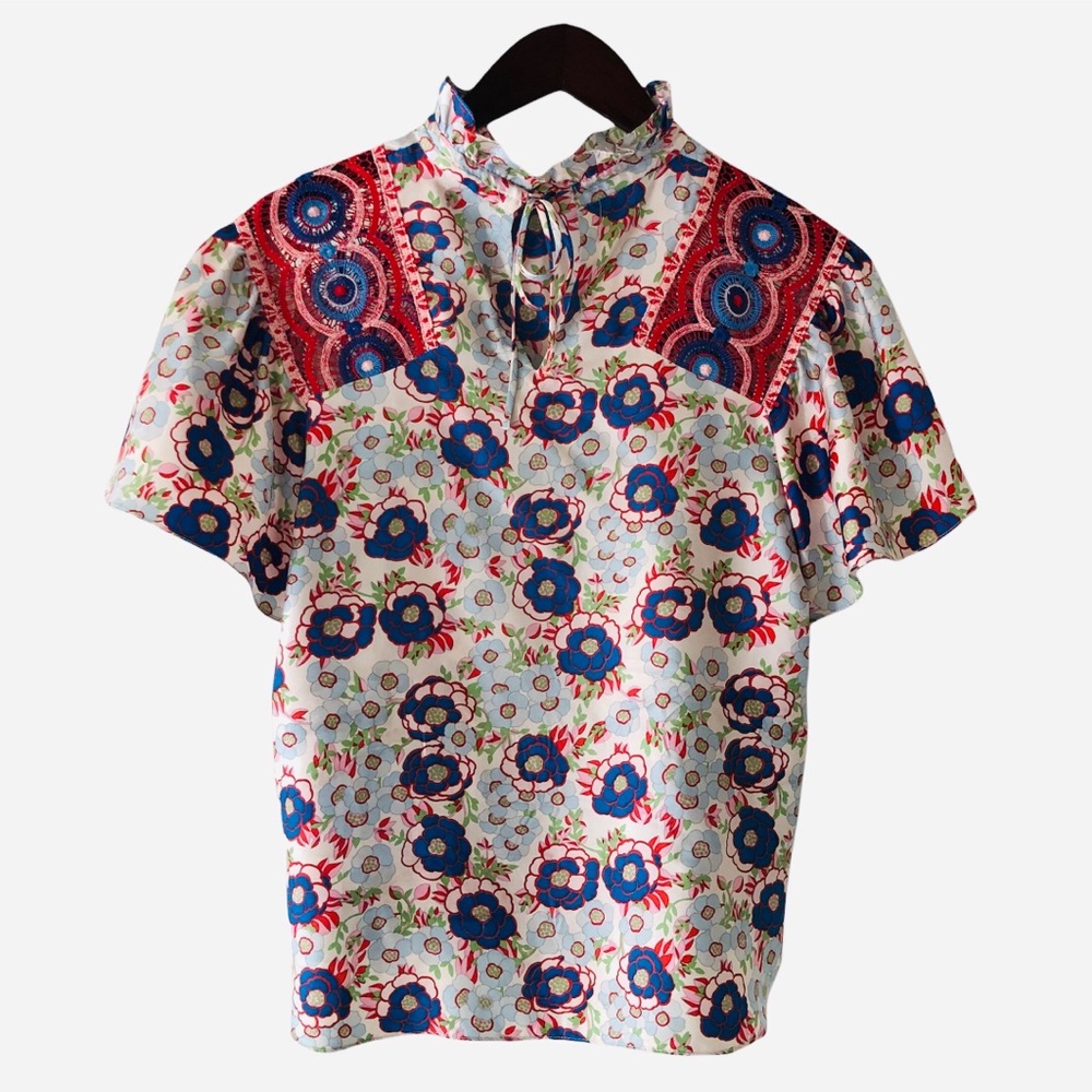 Sandro Paris Silk Embroidered Shoulder Floral Short Sleeve Top Size Small